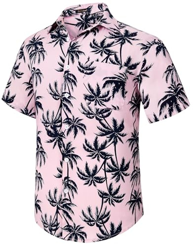 Enlision Camisas Hawaianas para Hombre, Camisa de Algodón de Manga Corta con Botón Informales de Verano con Flores Florales de Aloha para Vacaciones en La Playa Rosa 3XL