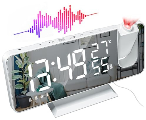PZCC Reveil Projecteur Plafond, FM Radio Reveil Projection 180°，Alarmes Snooze Charge USB Reveil Numérique LED， 4 Niveaux de Luminosité12/24H