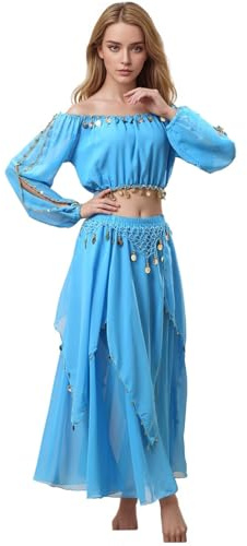 Baisdan Costume da Danza del Ventre Donna, Top Crop con Monete e Chiffon Gonna da Danza del Ventre per Halloween, Spettacoli, Carnevale e Feste a Tema
