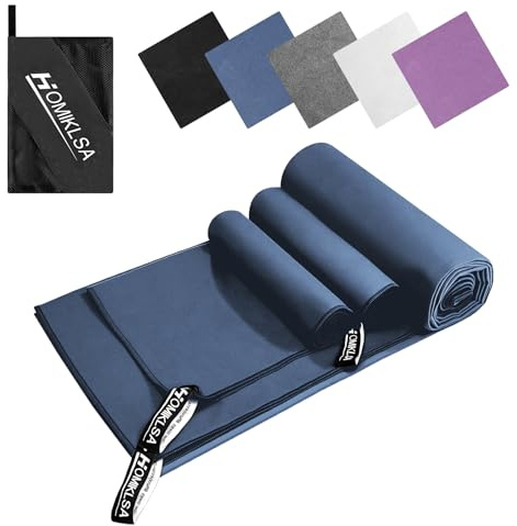 HOMIKLSA Serviettes Microfibre – Lot de 3 (1×200×100cm & 2×80×40cm), Séchage Rapide, Douces et Légères, Idéales pour Voyage, Sport, Plage, Salle de Sport – Bleu Foncé