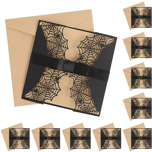 Housoutil 10 tarjetas de invitación de Halloween, diseño de telaraña recortada con lazos, papel perlado negro, para fiestas de terror, bodas o eventos góticos
