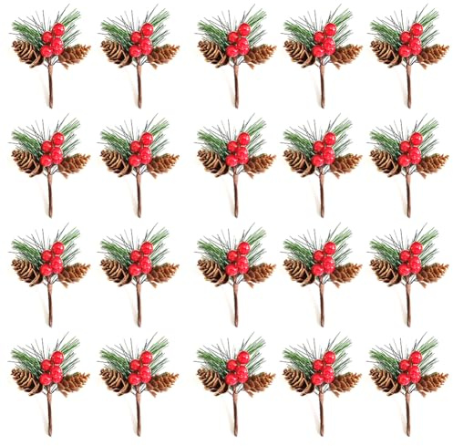 OZXVXZO Bacche Rosse Natale Decorazioni,20 Pezzi Bacca di Natale Artificiale e Pigna,per Ghirlande di Composizioni Floreali e Decorazioni Natalizie,Creare decorazioni dell'Avvento fai da te,10cm