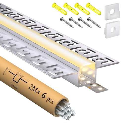 LASLUX LED gipsprofil 2 m × 6 – aluminium infälld profil 55,5 x 14,9 mm för remsor upp till 12,9 mm – LED infälld profil torrkonstruktion aluminiumprofiler skena kanaler remsa diffusor med lock