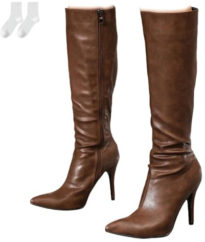 Botas Altas Hasta La Rodilla Para Mujer Con Tacón De Aguja, Botas Elegantes De Tacón Alto Con Punta Afilada Efecto Piel, Caña Ancha Y Cremallera Lateral Para Uso Diario,Marrón,36 EU