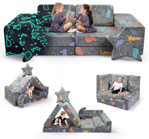 VIHBRAI Sofá infantil de 9 piezas, sofá de juegos con patrón luminoso, fundas lavables | 9 módulos de espuma en 6 formas, sofá de aprox. 140 × 65 × 45 cm, cojín de estrella y luna, para sentarse, construir y jugar