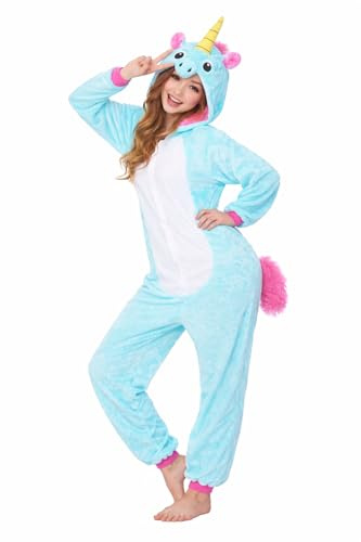 Einhorn Kostüm für Erwachsene Damen Herren Männer Frauen blau türkis rosa flauschiger Kuschel Ganzkörper-Anzug Karnevalskostüm Faschings-Kostüm Karneval Halloween Plüsch Onesie Jumpsuit Kigurumi, L