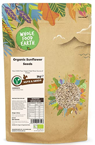 Wholefood Earth Organic Sunflower Seeds 3kg Raw | GMO Free | Vegan | High Fibre | Source of Protein | Certified Organic