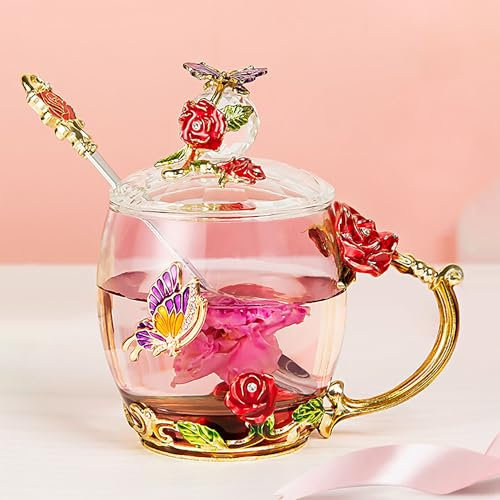 YUEMING vidrio Taza con asa Pared de Vidrio de Borosilicato,Resistente al Calor Tazas de café Taza téLeche,Taza de té con tapa Taza de cafe con cuchara Taza rosa mariposa (Rojo + 320ml)