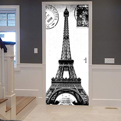 A.Monamour Türtapete Selbstklebend Türfolie Türposter 3D Vintage Französische Stadt Paris Eiffelturm Schwarz Und Weiß Vinyl Folie Türdeko Tapete Wandbild Türaufkleber Türtattoo 90 x 200 cm