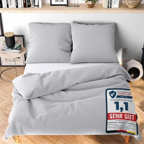 Wolkenfeld Bettwäsche 155x220 cm – Hellgrau - kuschlig weich & bügelfrei – ÖKO-TEX Zertifiziert – Mikrofaser Bettwäsche-Sets 1x Bettbezug 155 x 220 + 1x Kissenbezug 80x80
