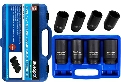 NTI 12 Point BlueSpot 4pc Metric Deep Impact Socket Set | 30 | 32 | 34 | 36mm | 1/2'' Drive | Vehicle Repair Accessories | Engine | Garage | Air & Hand Tools | DIY | UK Free P&P