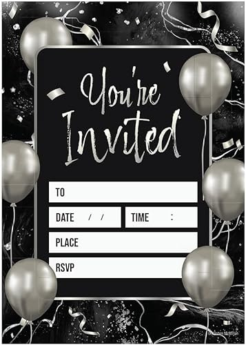 Kirsten McMillan 32 Black & Silver Balloon Birthday Invitations - A6 Birthday Party Invitations Cards for Adults with Envelopes – Invites Designed and Printed in the UK