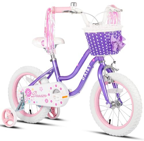 Glerc Daisy 12 Zoll Kinderfahrrad Alter 1 2 3 4 Jahre alte Mädchen Kleinkinderfahrrad mit Stützrädern & Korb & Luftschlangen，Lila