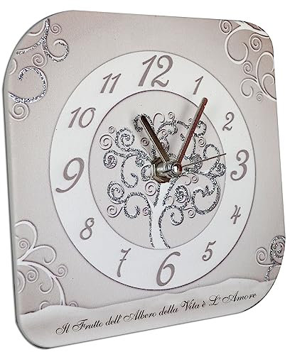 oggettando, Orologio da tavolo in ecopelle bianca stampa Albero della Vita in scatola da regalo. Bomboniere, anniversari. Regali utili, Originali ed Economici (12x12)
