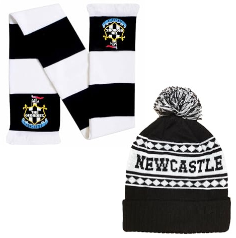 Beyond Happy Newcastle Bonnet de ski noir et blanc – Bonnet d'hiver élégant pour Geordies – Bonnet de football ultime pour plus de confort et de chaleur, Ensemble bonnet et écharpe, taille unique