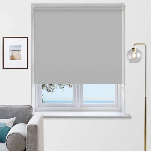 Rehan & Co Thermal Insulated Blackout Fabric Roller Blinds, Easy Fit Child Safe Trimmable UV Protection Home Office Window Blinds, light Grey Blind (60cm Width X 165cm drop)
