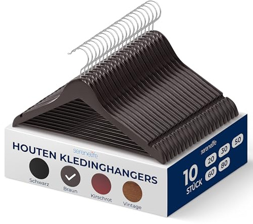 SereneLife Wood Hangers - Space Saving Heavy Duty Slim Suit Clothes Hanger Set with 360 Degree Swivel Metal Hook, Can Hold Up to 10 Lbs. for Coats, Jackets, Pants & Dress (10 Pieces)