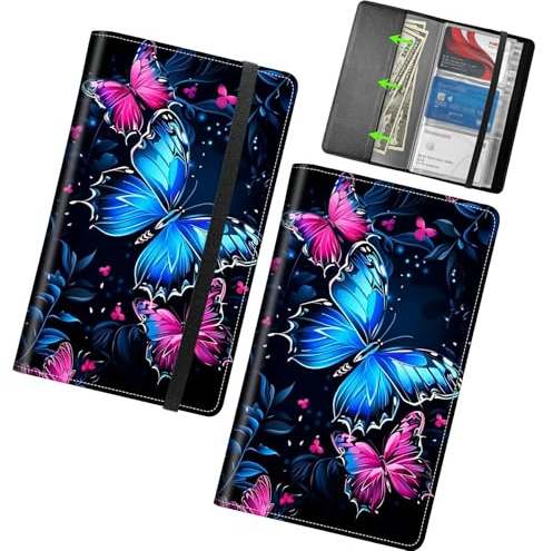 RWUTYTIUL Business Card Organizer, 240 Cards Business Cards Holder Book, PU Leather Credit Card Binder Professional Business Name Card Holder with Elastic Closure for Women Men, Blue Red Butterfly