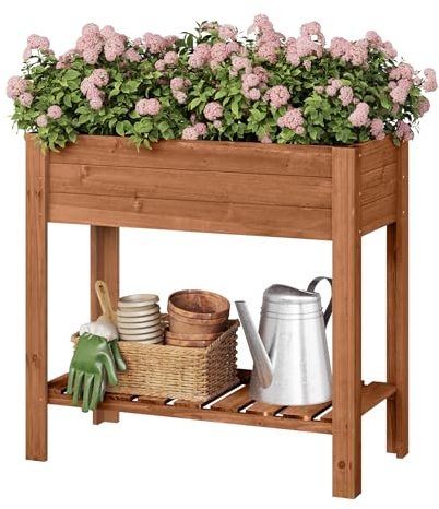 WOLTU Jadinière surélevée en Bois, 80x75x40 cm, Étagère avec Bac à Fleurs, Film Plastique, pour Légumes, Herbes Aromatiques, pour Balcon, Jardin, Terrasse, Intérieur, Extérieur, Brun