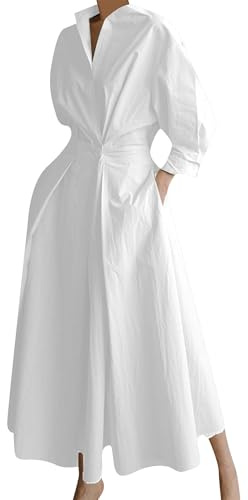 OMZIN Mujeres De Manga Larga De Alta Cintura Solapa V Cuello Vestidos Maxi Aline Acampanados Vestido De Camisa con Bolsillo