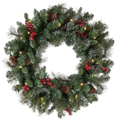 Corona navideña, 46 cm Corona navideña con luces, coronas navideñas LED con piñas y bayas para puerta de casa o escalera