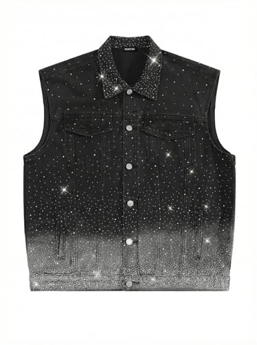 Vamtac Mens Rhinestone Denim Vest Sleeveless Jacket, Sparkly Diamond Studded Jean Vest, Black Streetwear Cowboy Biker Vest for Party, Festival, Night Out