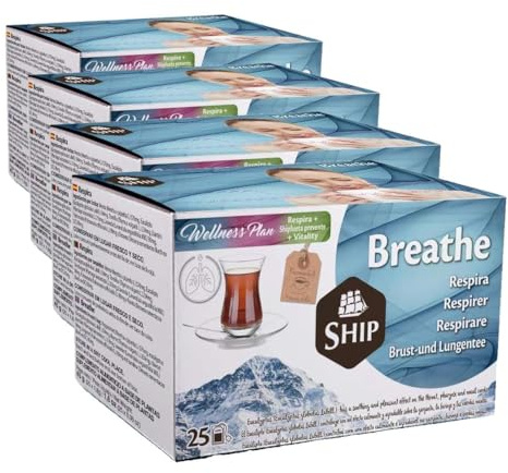 Ship - Infusión de Breathe en Caja de 25 Unidades - Favorece la Respiración y Ayuda a Aliviar la Congestión Nasal - No Contiene Azúcar ni Lactosa - Infusiones y Tés (Paquete de 4)