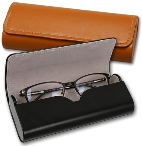 AUEFUDQ 2 Pezzi Custodia Occhiali Rigida in Pelle, Portaocchiali Astuccio Rigido in Stile Vintage, Custodia per Occhiali Portatile per Uomini Donne