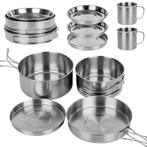 YYTECH Juego de utensilios de cocina para camping, juego de vajilla de acero inoxidable, olla de camping con sartén, utensilios de cocina portátiles, cubiertos plegables, juego de ollas apilables