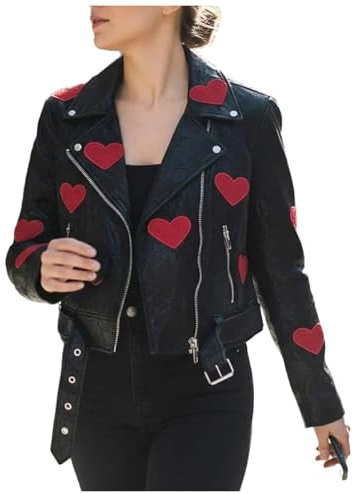 MERCH ATTIRE Chaqueta de motociclista de cuero prémium para mujer con parches de corazón rojo, Negro – Piel auténtica., XS