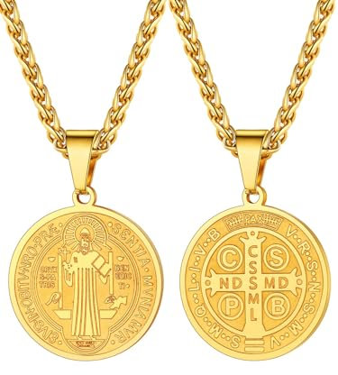 U7 Saint Benedict Medal Necklace for Men Women, Stainless Steel Catholic Round Medallion Pendant, Gold st Crucifix Religious Protection Cross Amulet Jewellery Gift for Faith Believers Christians