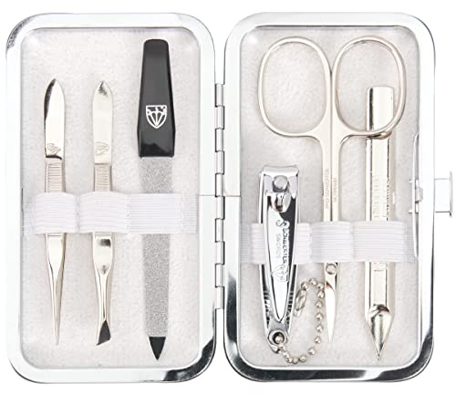 Tre svärdenheter – 6 st. Manikyrset Lucca | Nagelset i äkta läder – fodral | Innehåll: hudsax, 2 pincetter, dubbla instrument, nagelklippare, safirnagelfil – vit