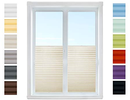 Plissee Rollo NACH MAß Klemmfix ohne Bohren - TOP QUALITÄT Pearl Stoffkollektion | Easyfix klemmträger Faltrollo Jalousie Sichtschutz, Sonnenschutz für Fenster (Creme, B: 35-40cm, H: 111-130cm)