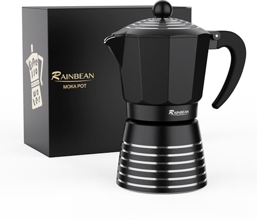 RAINBEAN Moka Pot 6 Cup Set Espresso Maker, Steam Italian Stovetop Coffee Makers Percolator, Aluminum Ripple Ring Design, Easy To Use & Clean,Black