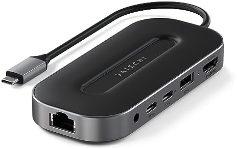 SATECHI USB-C Hub 6-in-1 Aluminium Multiport USB4, HDMI 8K, PD Ladefunktion 100W, 2,5G Ethernet, USB-A Datenübertragung, 3,5mm Audioanschluss – für MacBook, Windows und USB-C Geräte