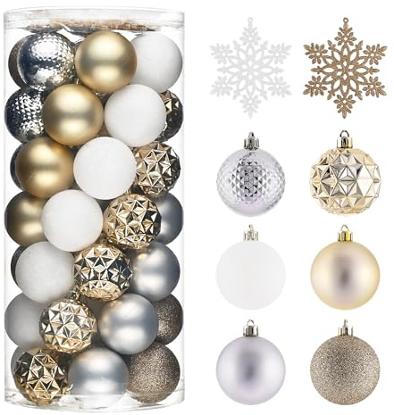 Valery Madelyn Christmas Tree Decorations Ornament Set, 50ct 2.36 Inches White and Gold Shatterproof Christmas Ball Ornaments Hanging Xmas Holiday Party Decor