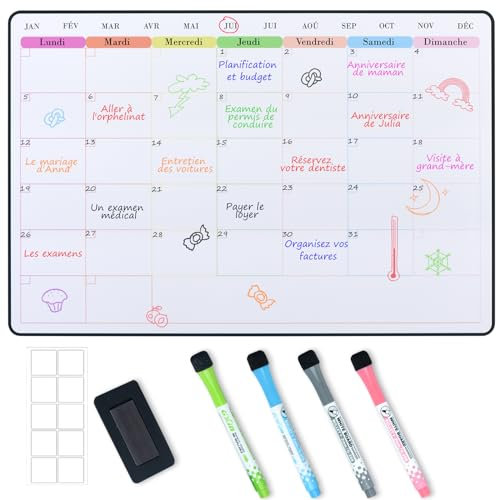 POPRUN Calendrier magnetique Tableau blanc Planning frigo,Organisation Familiale,Planificateur Mensuel/Semainer effaçable parfait pour Planification des Tâches,42x28CM Semaine Menus/Repas-en Français
