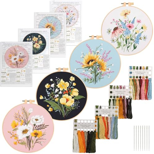 UXORSN 4 stycken broderiset för vuxna broderiset för nybörjare blommönster växter broderi set korsstygn set med plast broderiram instruktioner verktyg gör-det-själv konst hantverk
