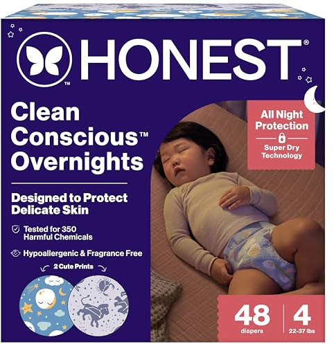 The Honest Company Comfort Dry Overnight Diapers, Up to 12 Hours Protection, Hypoallergenic, Cozy Cloud + Star Signs, Club Box Size 4 (22–37 lbs), 48 Count