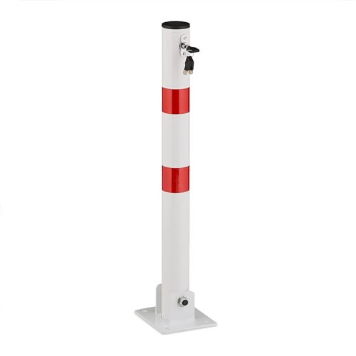 Relaxdays Poteau de Parking Rabattable, borne de stationnement en Acier, H : 65 cm, verrouillable, Blanc/Rouge
