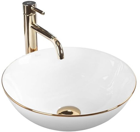 Rea Aufsatzwaschbecken Stella White Gold Edge Waschtisch Handwaschbecken Bad Waschschale Waschbecken für Badezimmer 360 x 360 x 150 mm Keramik (Weiß)