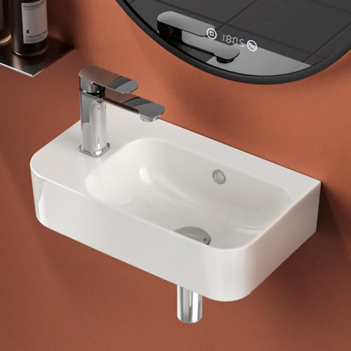 EMKE Lavabo de Cerámica 450 x 265 x 155 mm, pequeño, Lavamanos para montar, grifo a la izquierda, lavabo suspendido para fijar en la pared para WC de invitados y baño, blanco brillante
