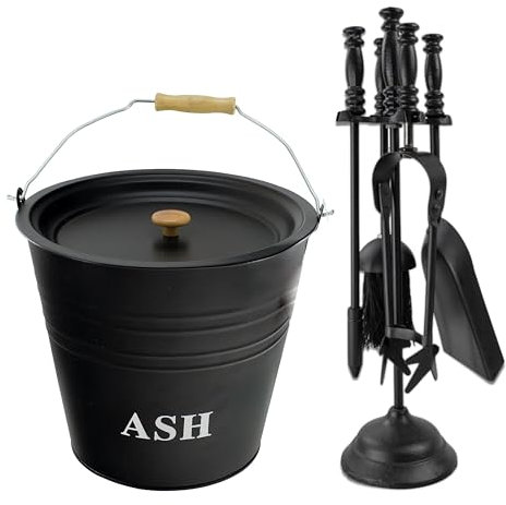 ADEPTNA 5-Piece Cast Iron Fireside Companion Set - Fireplace Tool Set with 12L Ash Bucket, Lid, Broom, Shovel, Tong & Poker on Stand - Perfect for Wood Burners, Coal Stoves, and Fireplaces