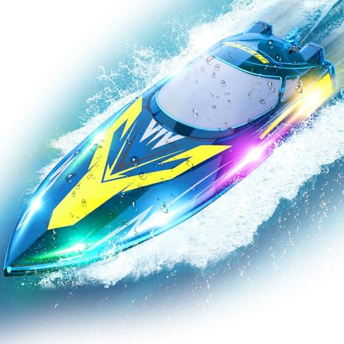 Aragallant Bateau Télécommandé pour Enfants, Bateau Telecommande avec Lumières LED, RC Bateaux de Course(150M/493FT, 2,4 GHz, 30+km/H, 60 Minutes) pour Piscines et Lacs (Blue)