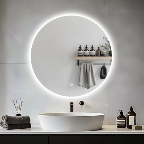 JAMUBOCHE Specchio da bagno LED 60 cm rotondo, luci retroilluminata per doccia e rasatura, montaggio a parete, dimmerabile, 3 colori
