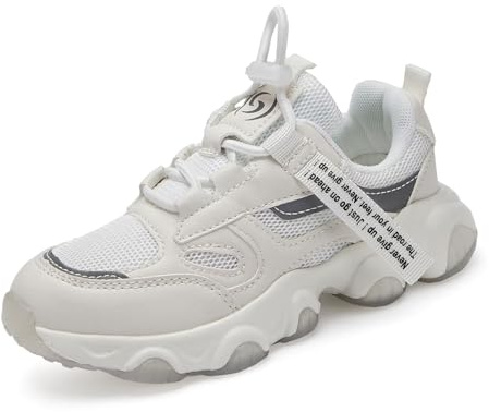 RTOUNT Girls White Trainers for Boys School Walking Tennis Shoes for Big Kid Running Adjustable Strap Sneakers Size 2 Child