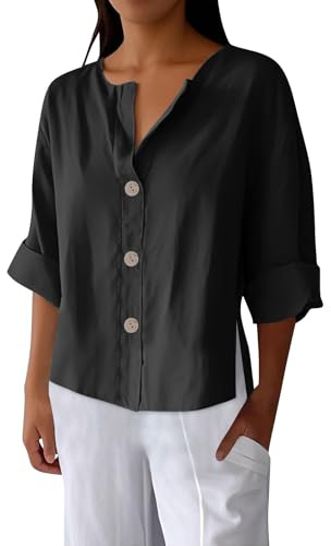Blusa elegante de verano para mujer, tallas grandes, manga 3/4, blusa de lino, cuello en V, muselina, blusa de verano, holgada, algodón y lino, Negro , 3XL Grande