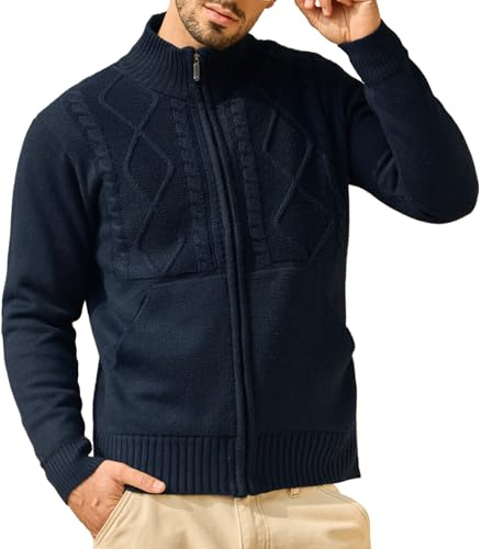 Les umes Chaqueta Cardigan Chaleco para Hombre a Punto Grueso, con Cuello Alto, Estilo Casual y Cierre Cremallera por el Frente | Prenda Cálida de Forro Polar para Otoño e Invierno Azul S