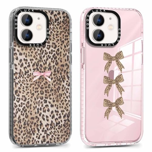 Yirlbey 2 st fodral för iPhone 12 Mini 5,4 tum, transparent fodral rosa rosett leopardmönster design design för flickor stötsäker skyddande TPU slitstarkt silikon klart mobilskal