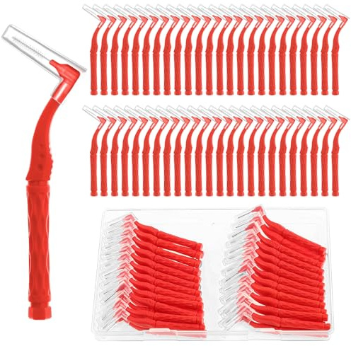 RAYITO 50pcs Interdental Brushes, Red Soft Dental Brushes | Non-Slip Handle Angled Head Tooth Picks Floss Sticks Dental Floss Brushes for Braces Oral Cleaning Narrow Gaps Between Teeth
